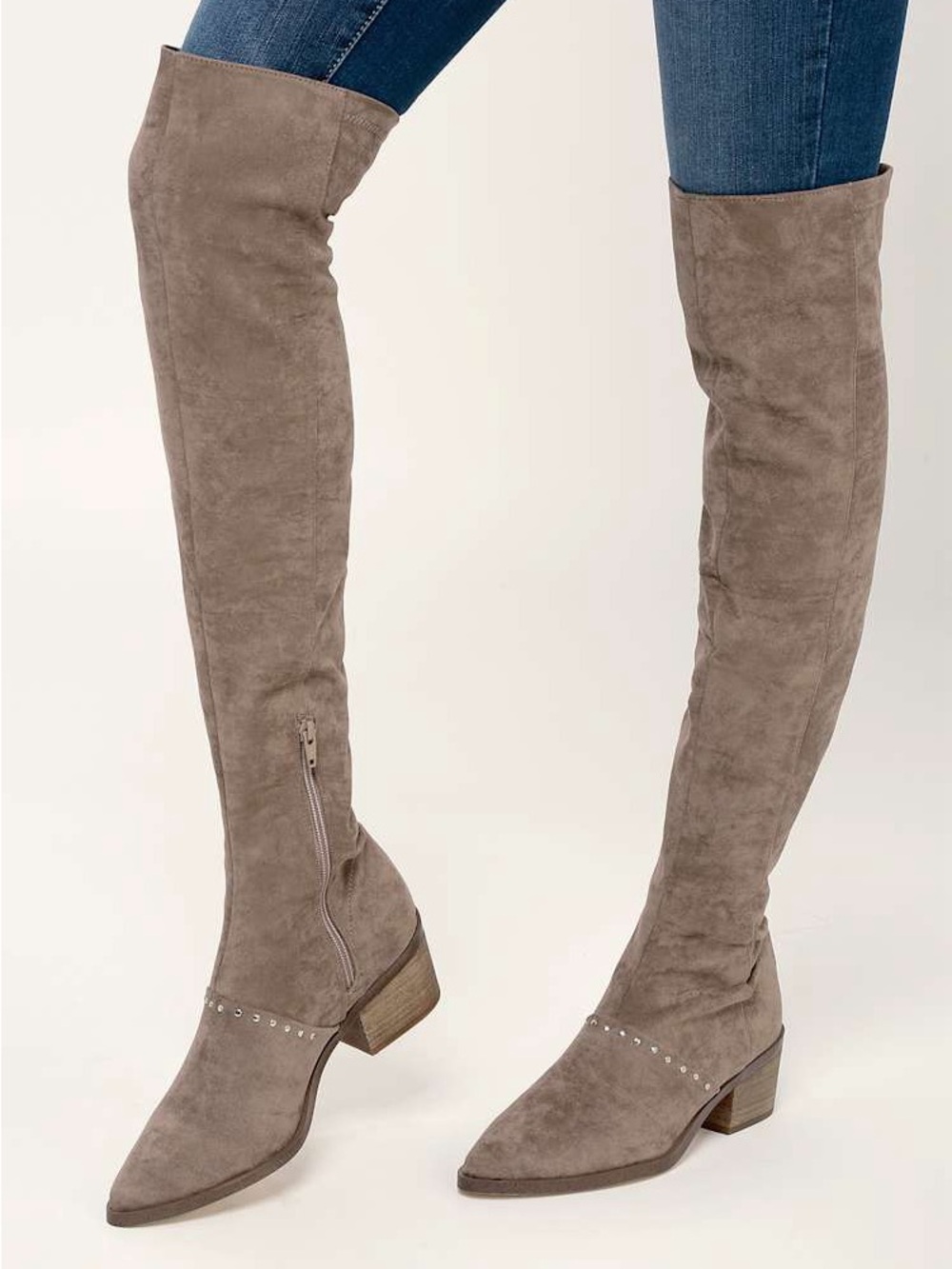 Report Taupe Over-the-Knee Suede Boots with Stud Accents